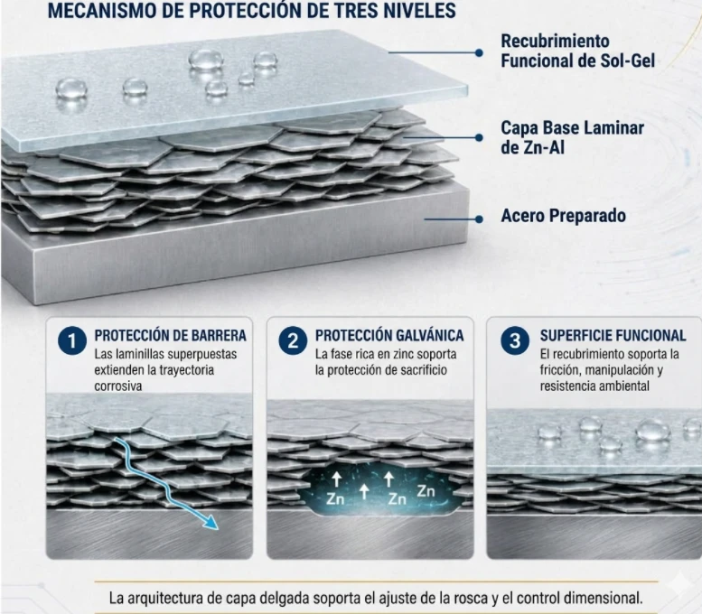 Diagrama técnico de mecanismos de protección anticorrosiva en tres niveles