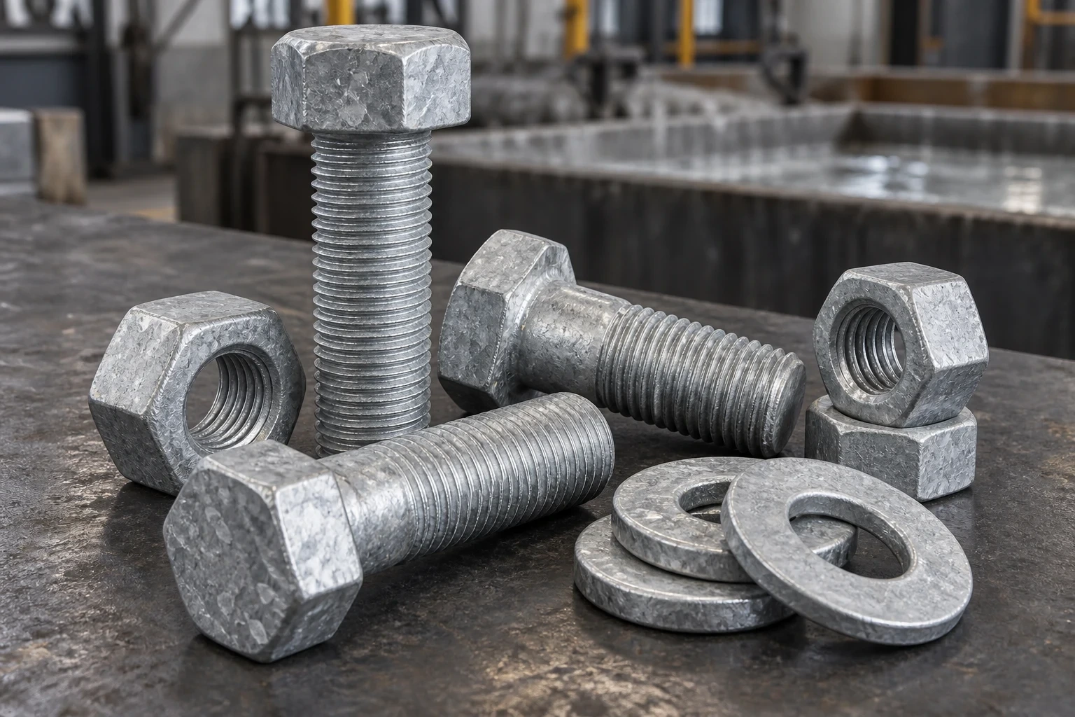 Pernos, tuercas y arandelas galvanizados en caliente sobre una mesa industrial